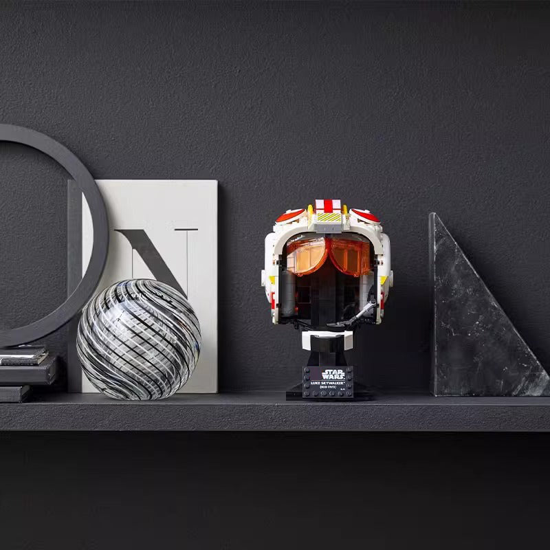 Close-up of helmet markings built from bricks