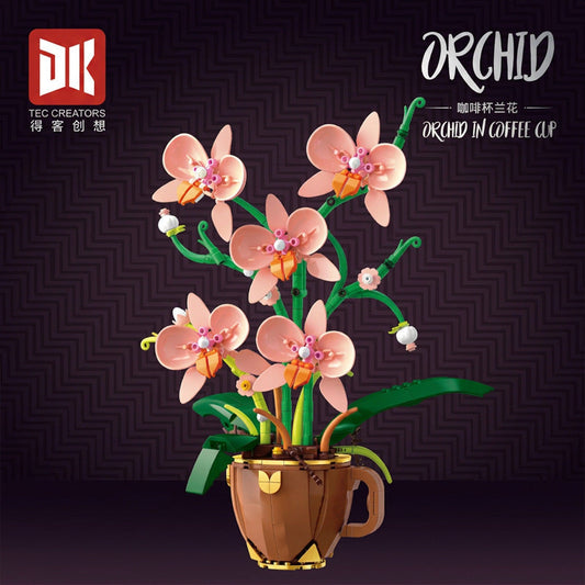 Coffee cup with orchid building block set, fully assembled