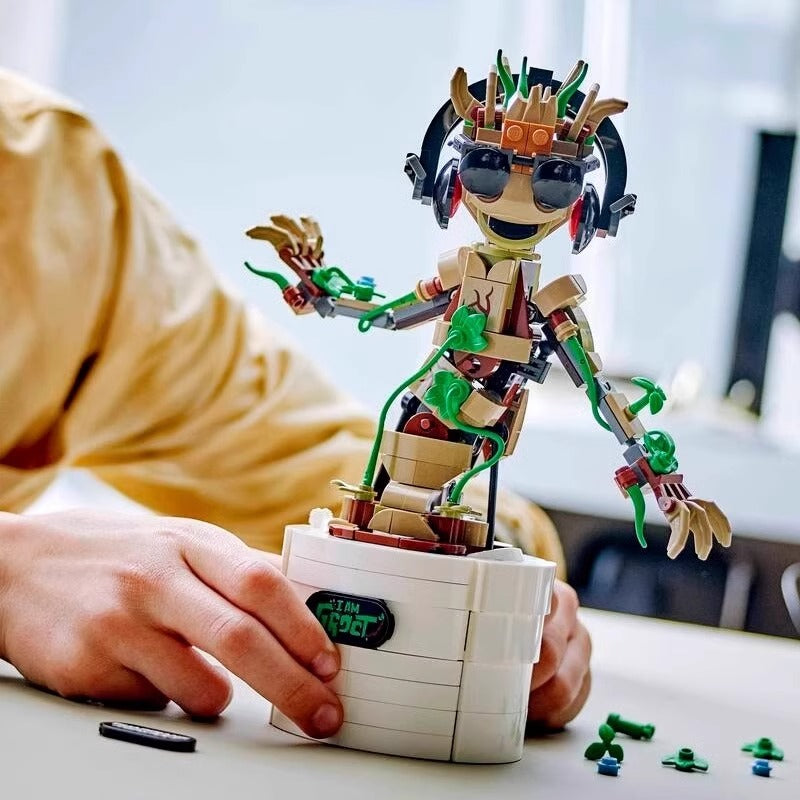 Front view of the brick-built Dancing Groot figure