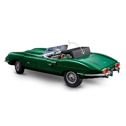 Front three-quarter view of the finished E-Type brick car