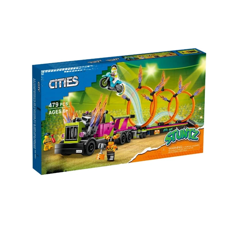 Stunt truck building block set with ring of fire obstacle