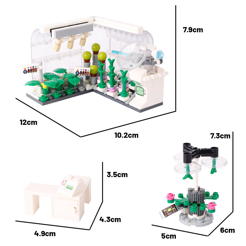 Brick-built plants and flowers in the lab scene