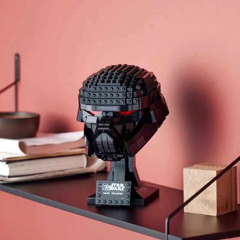 Assembled helmet model from the 693-piece brick set, gallery view