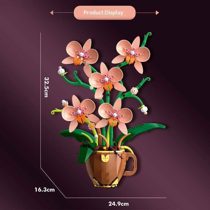 Coffee cup with orchid building block set, side angle