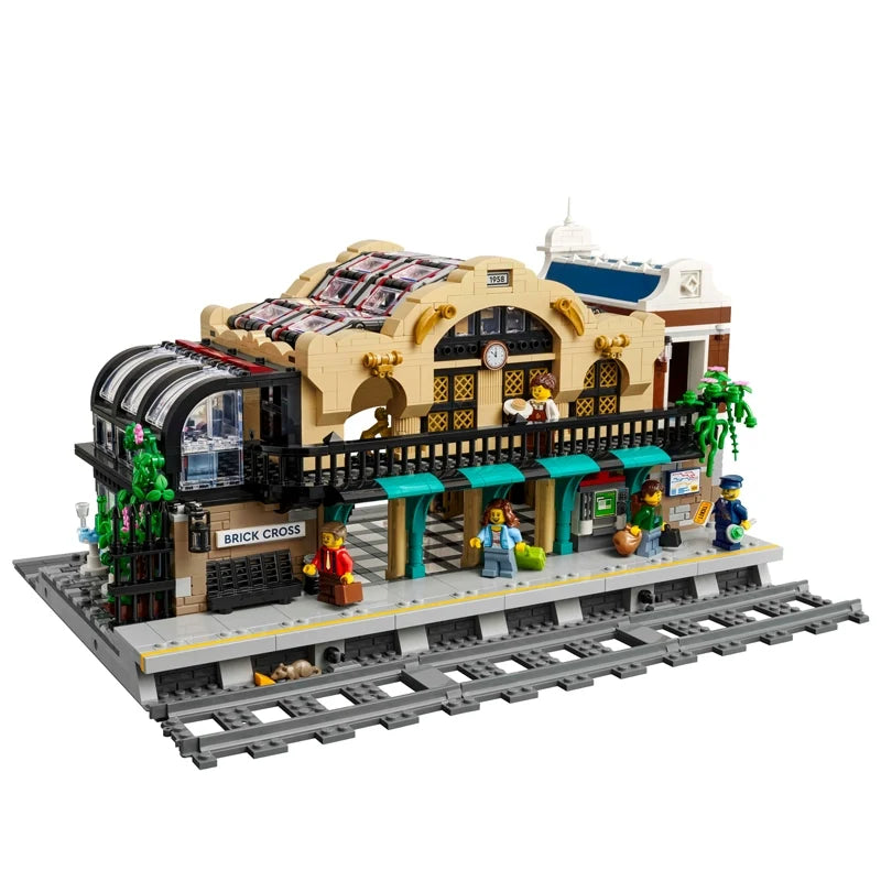 Brick Cross Train Station Building Set side angle building block construction