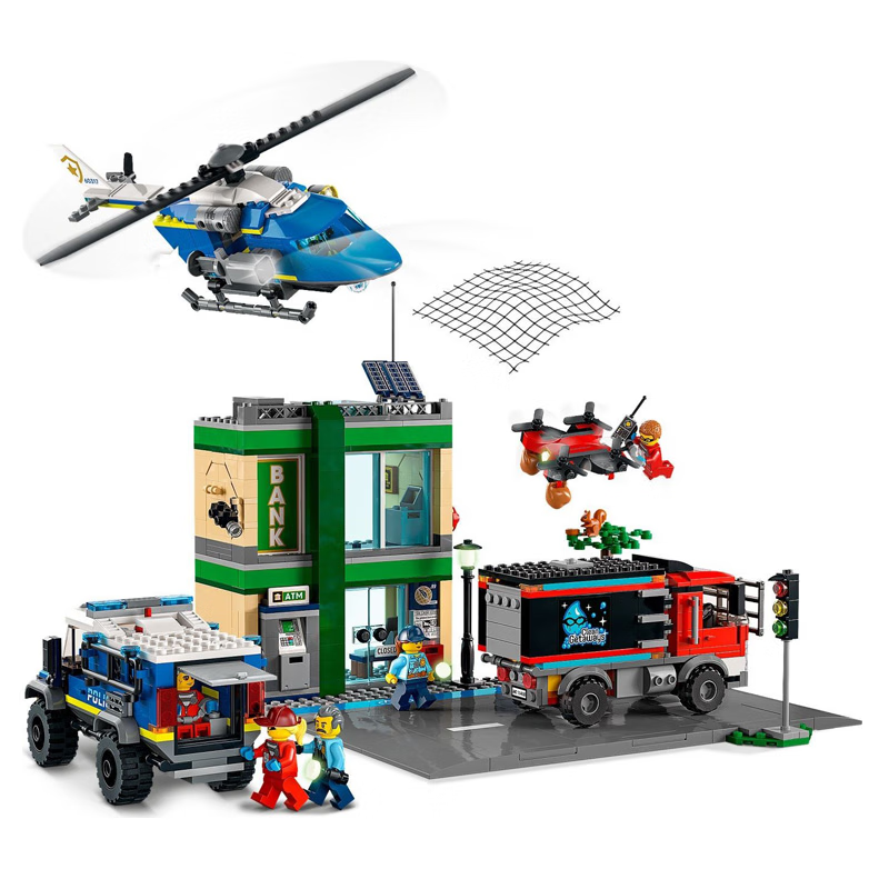 Bank building block set with police chase vehicles