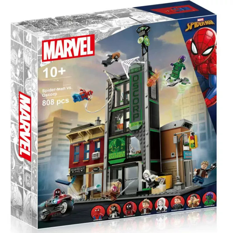 Front view of the 808-piece superhero battle building block diorama