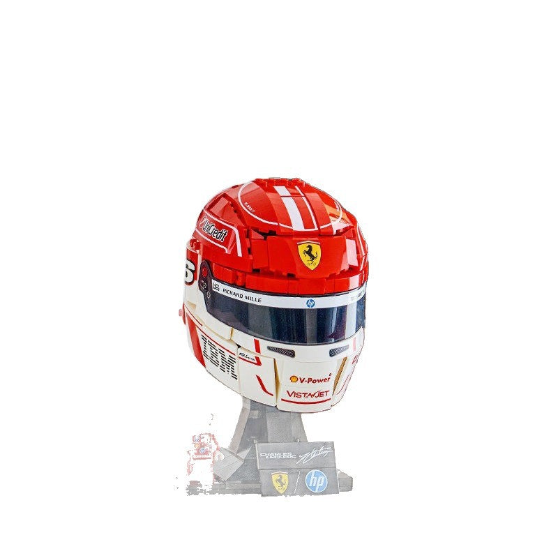 Full view of the assembled racing helmet on display