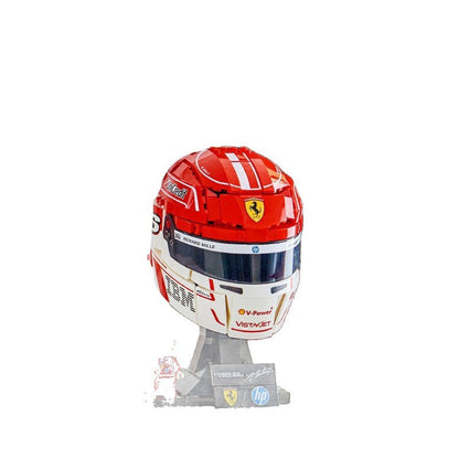 Full view of the assembled racing helmet on display