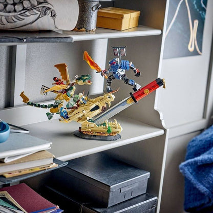 Front view of the finished dragon battle brick scene