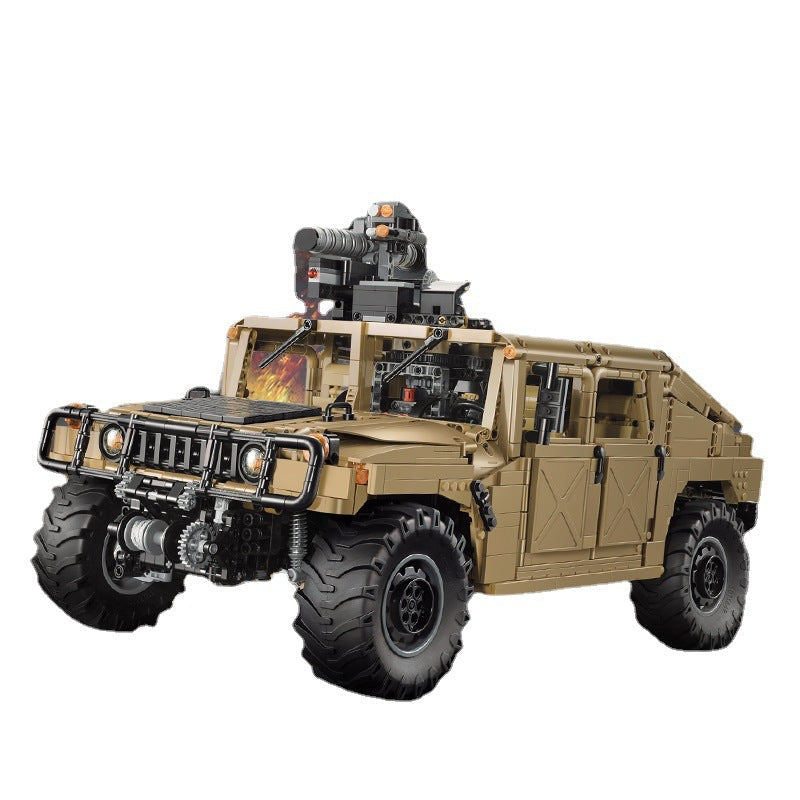 military-style off-road vehicle building block model, front grille and headlight detail