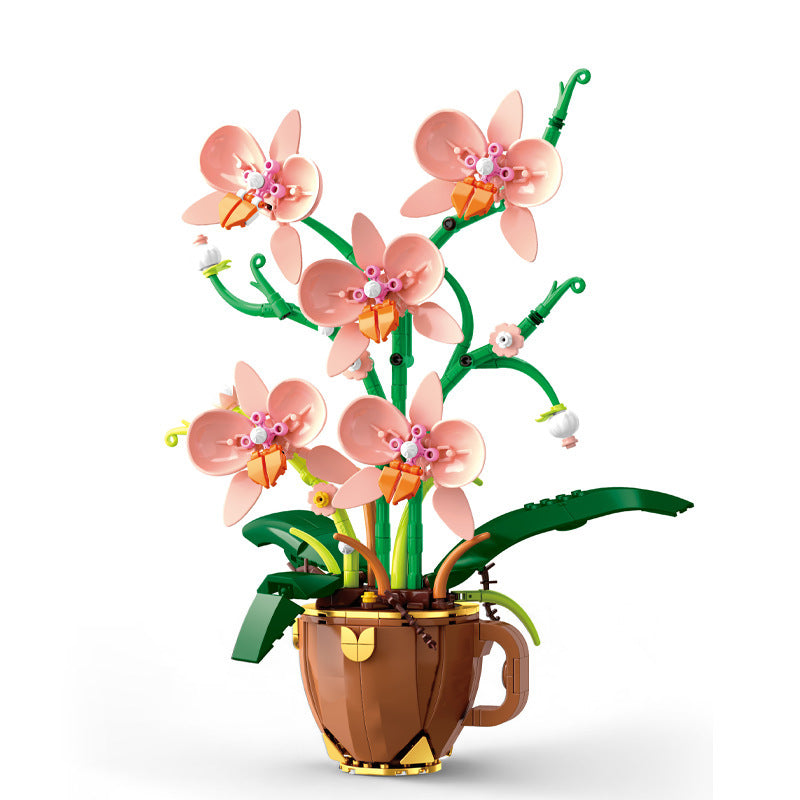 Coffee cup with orchid building block set, top view