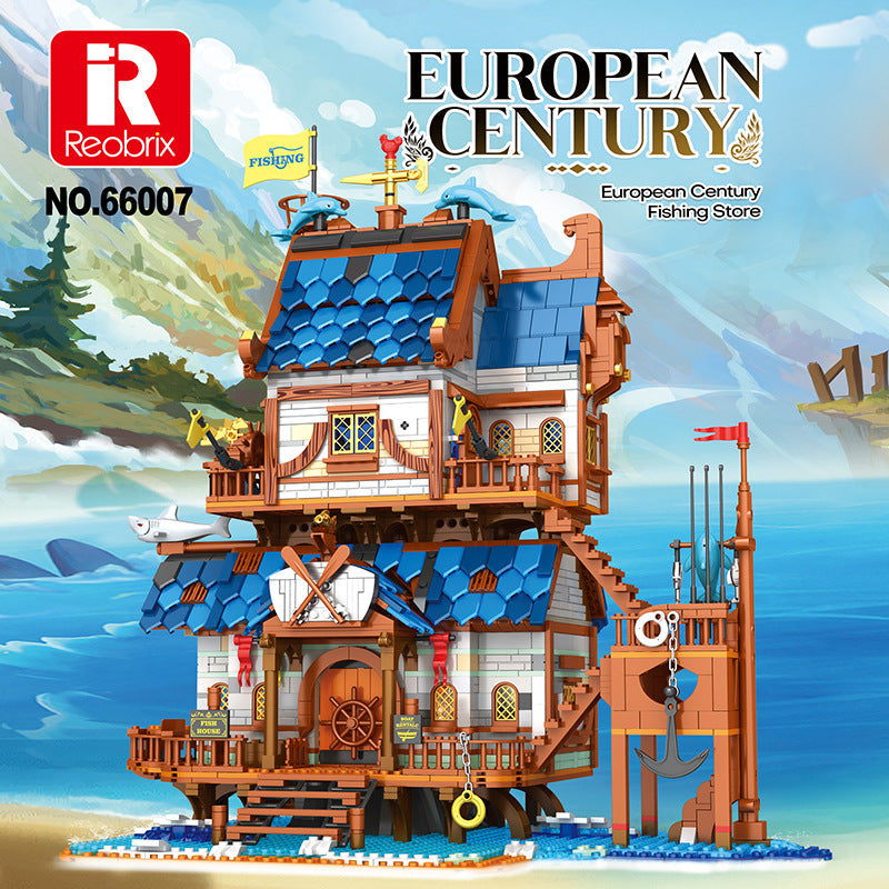 None-piece medieval fishing house building block model front view