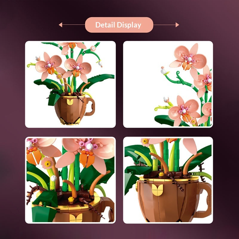 Coffee cup with orchid building block set, front view