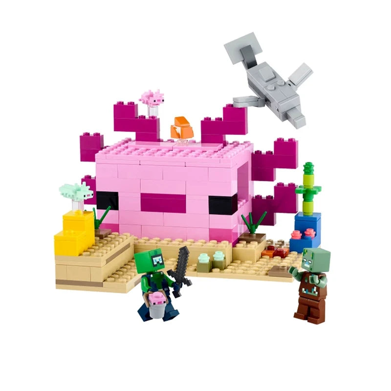 Pixel-style axolotl house building block set assembled