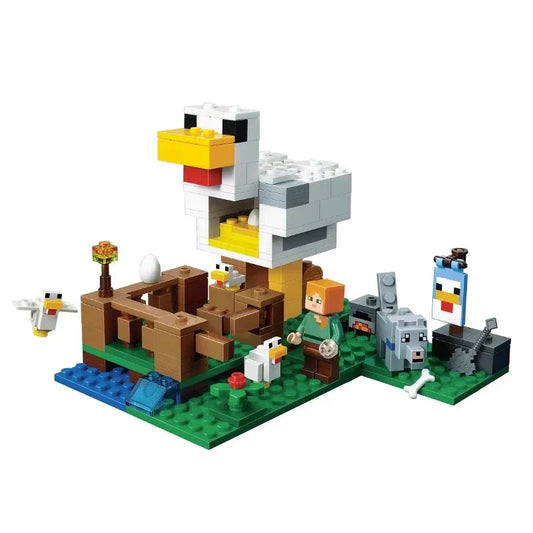 Pixel-style chicken coop building block set assembled