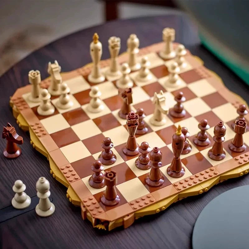 Close-up detail of the chess pieces made from ABS bricks