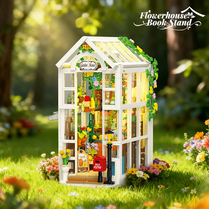 Greenhouse bookend building block set, front view