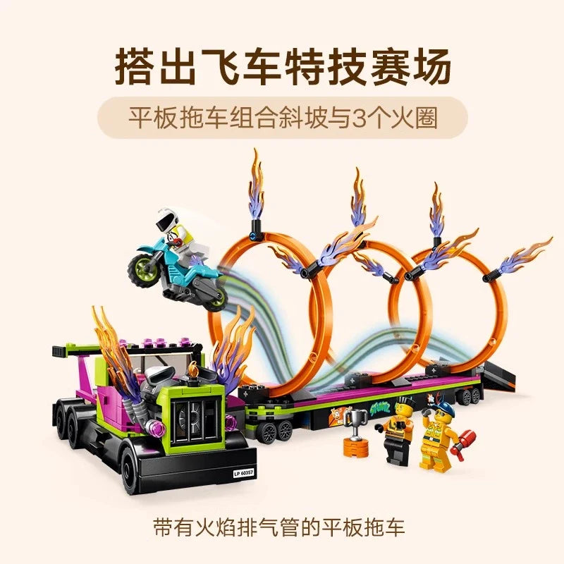 Stunt truck set arranged with the fire ring challenge piece