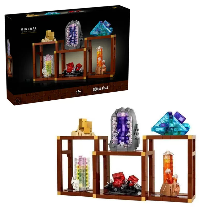 Full 880-piece mineral building block set arranged as a display collection