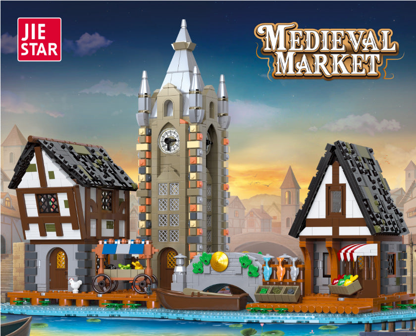 medieval market and town barn building block set construction detail view
