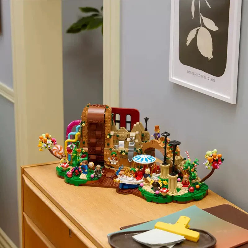 Rear view of the assembled chocolate factory building block model
