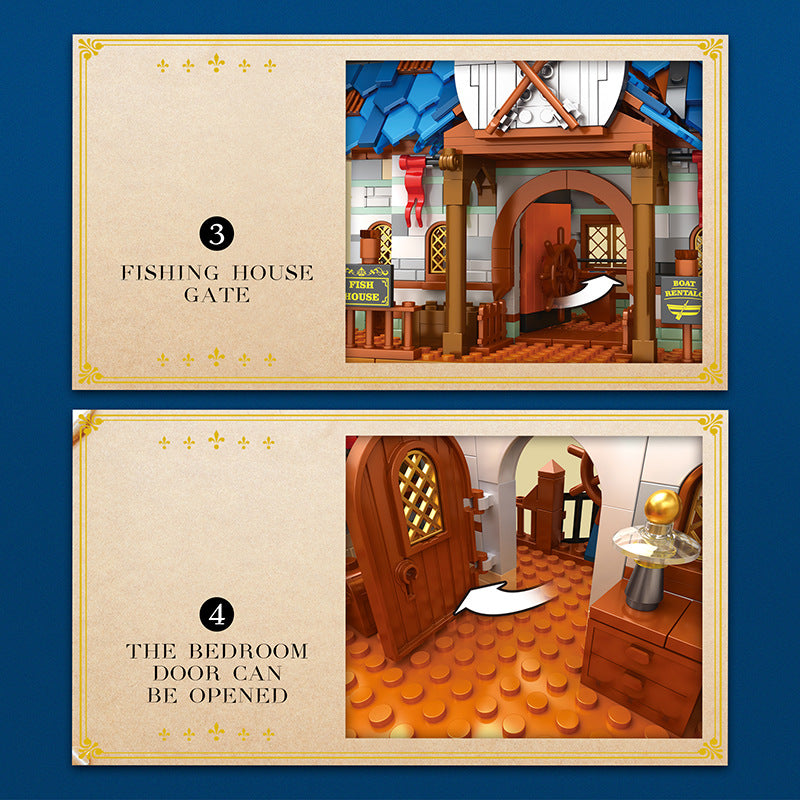 medieval fishing house building block set assembled model close-up