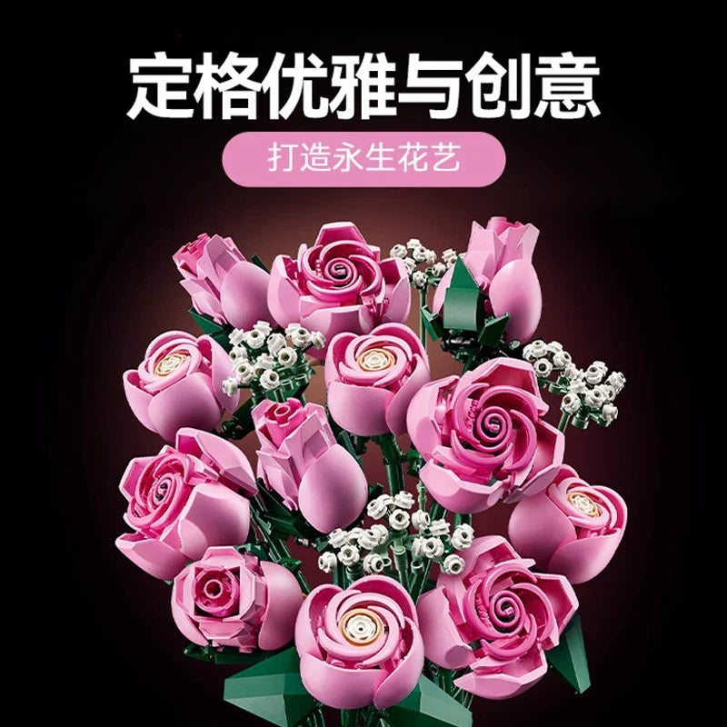 Close-up of an individually built brick rose in the bouquet