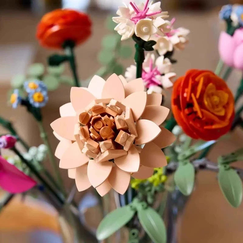 Pink flower bouquet building block set assembled display