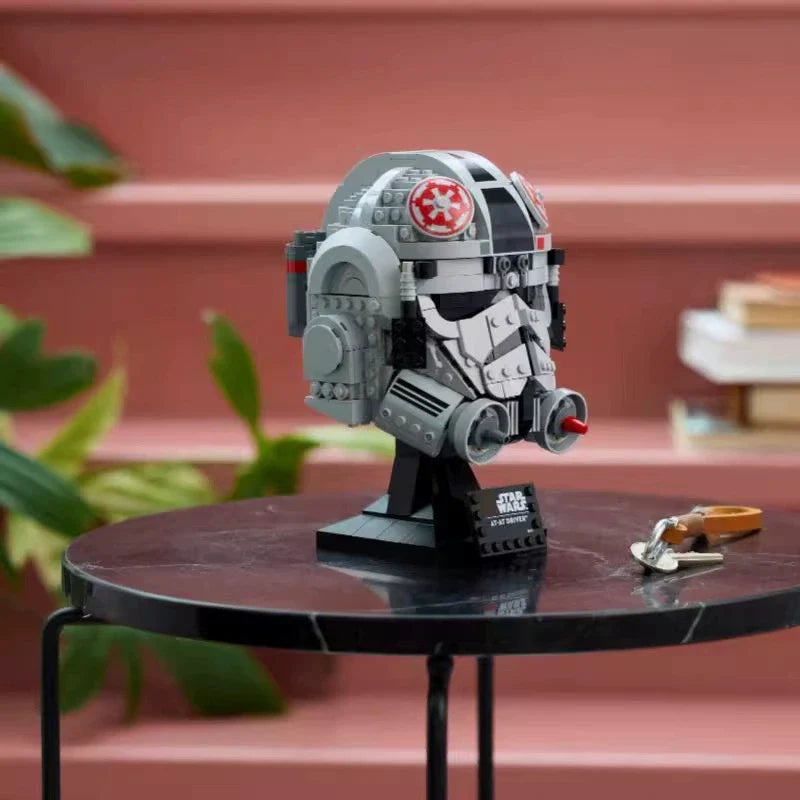 Helmet display model photographed on a shelf-style setup