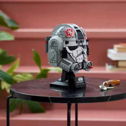 Helmet display model photographed on a shelf-style setup