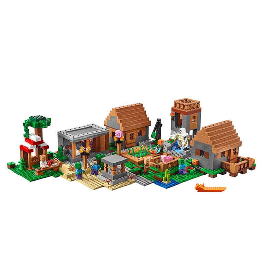 Blocky village scene built from small building blocks with a character figure