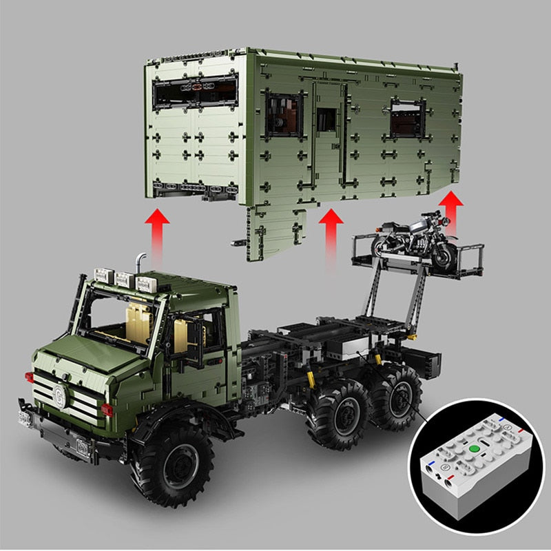 off-road utility truck building block model, top-down view