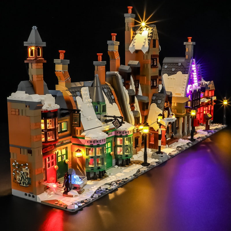 Wizarding village street scene shown lit up with the LED kit