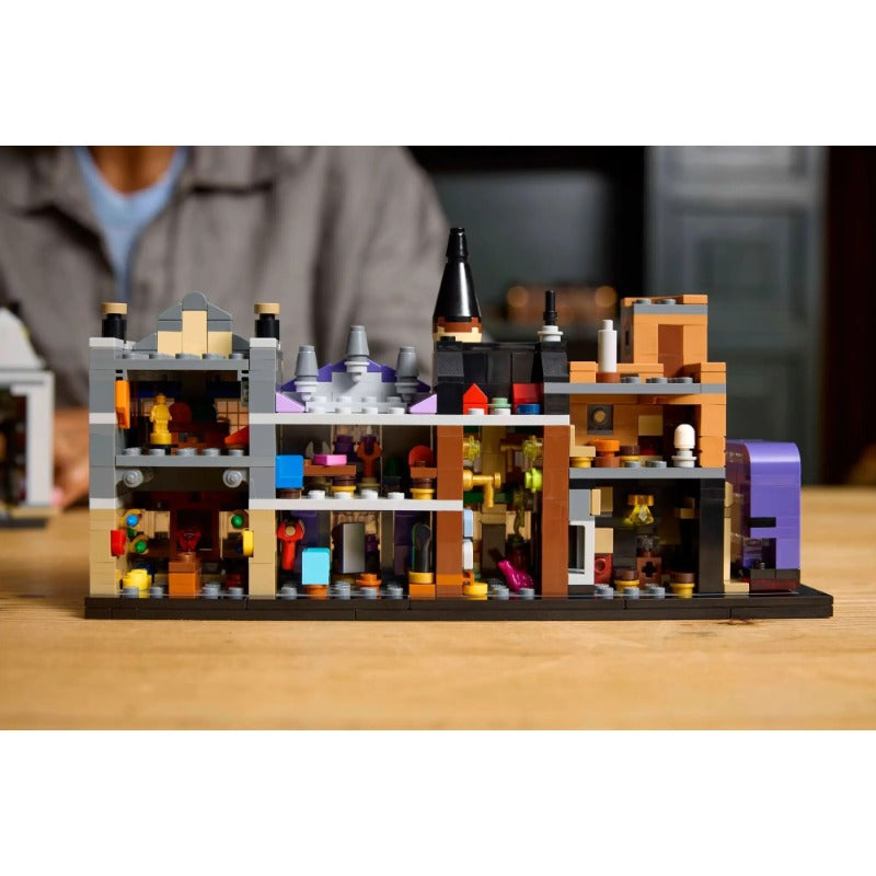 Angled view of the shopfronts and rooflines in bricks