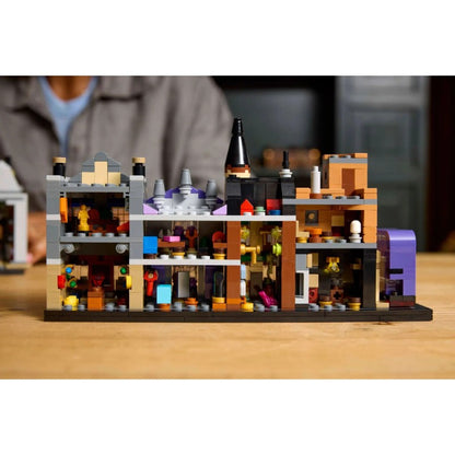 Angled view of the shopfronts and rooflines in bricks