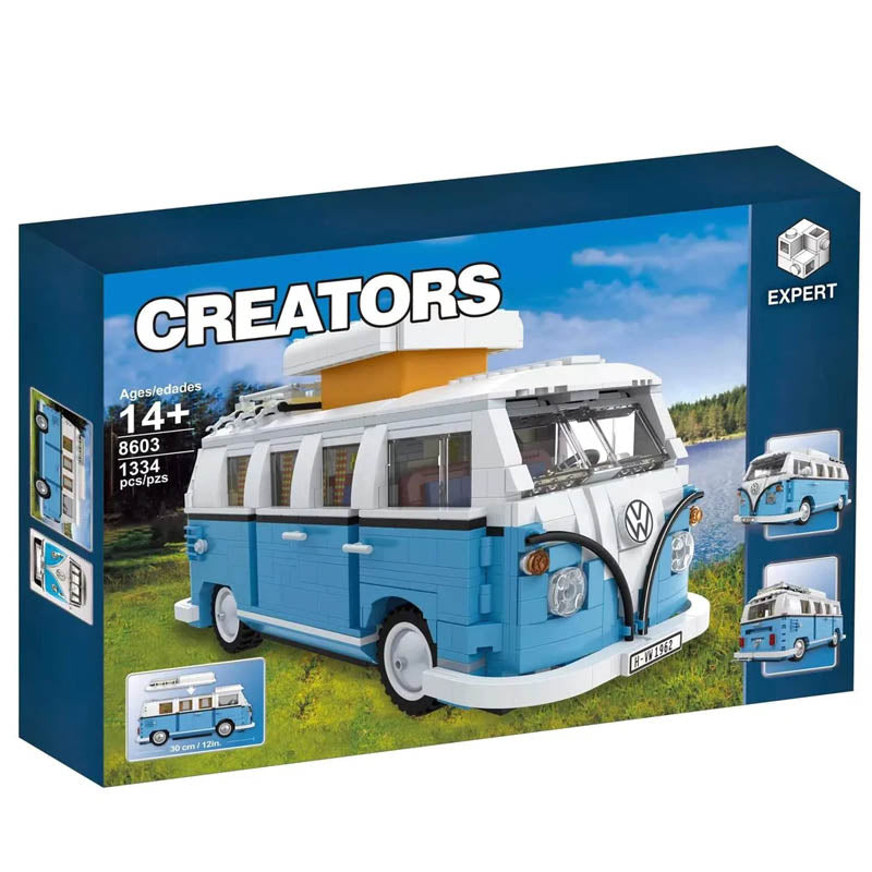 Assembled blue camper van building block model