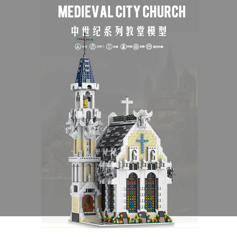 None-piece medieval city church building block model front view
