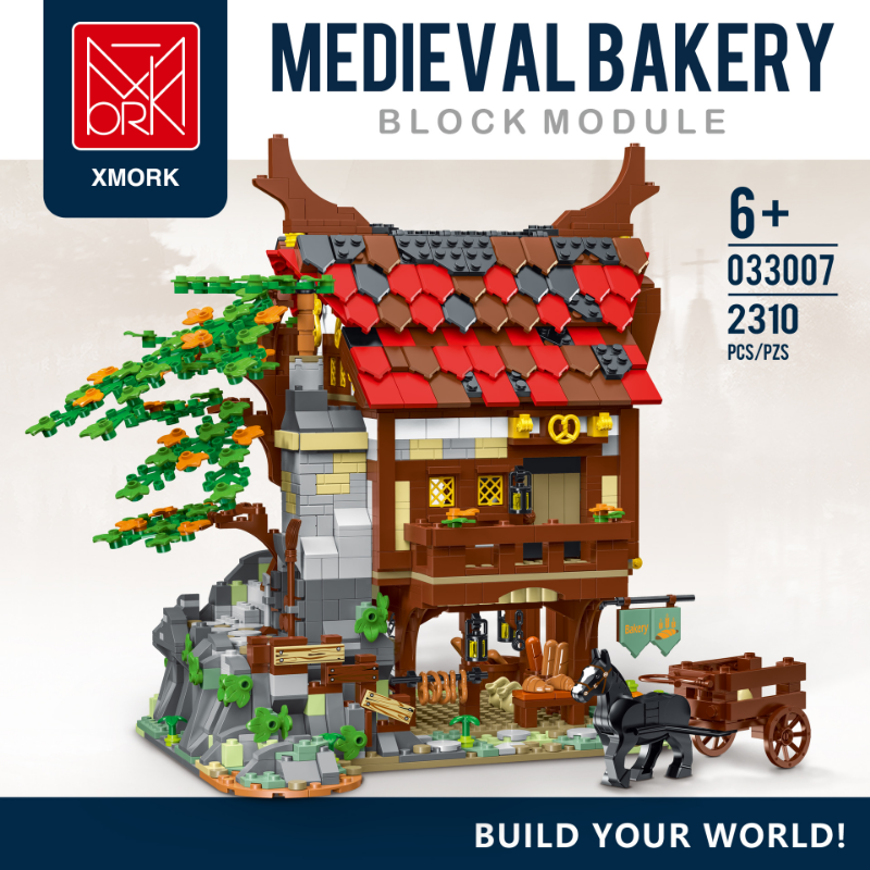 None-piece medieval bakery building block model front view