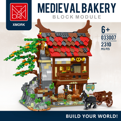 None-piece medieval bakery building block model front view