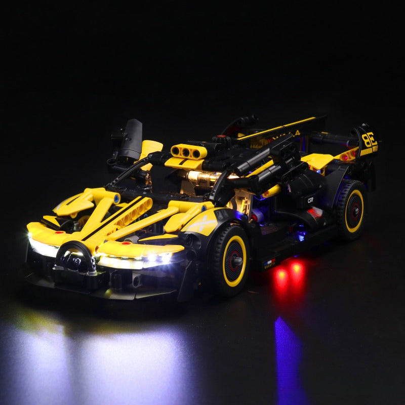 Hypercar building block set with LED lighting kit lit up