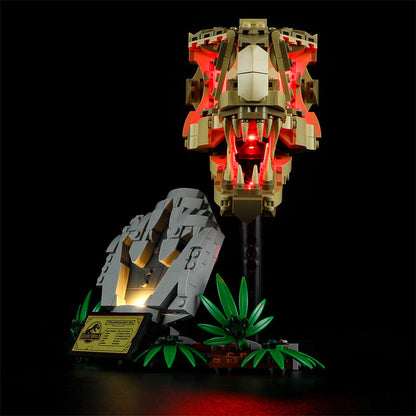 T. rex skull display model built from ABS plastic bricks