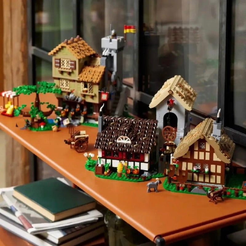 Medieval building block set with LED lighting kit installed