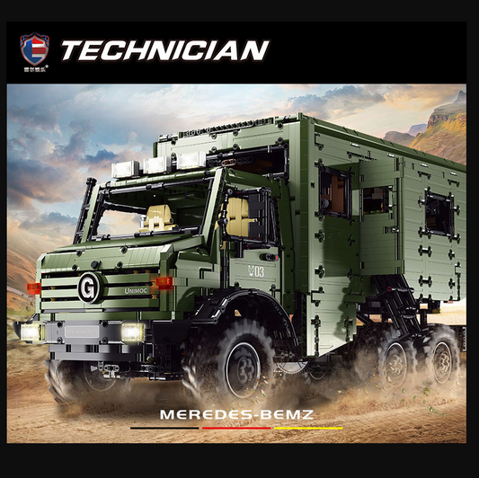 off-road utility truck building block model, front three-quarter view