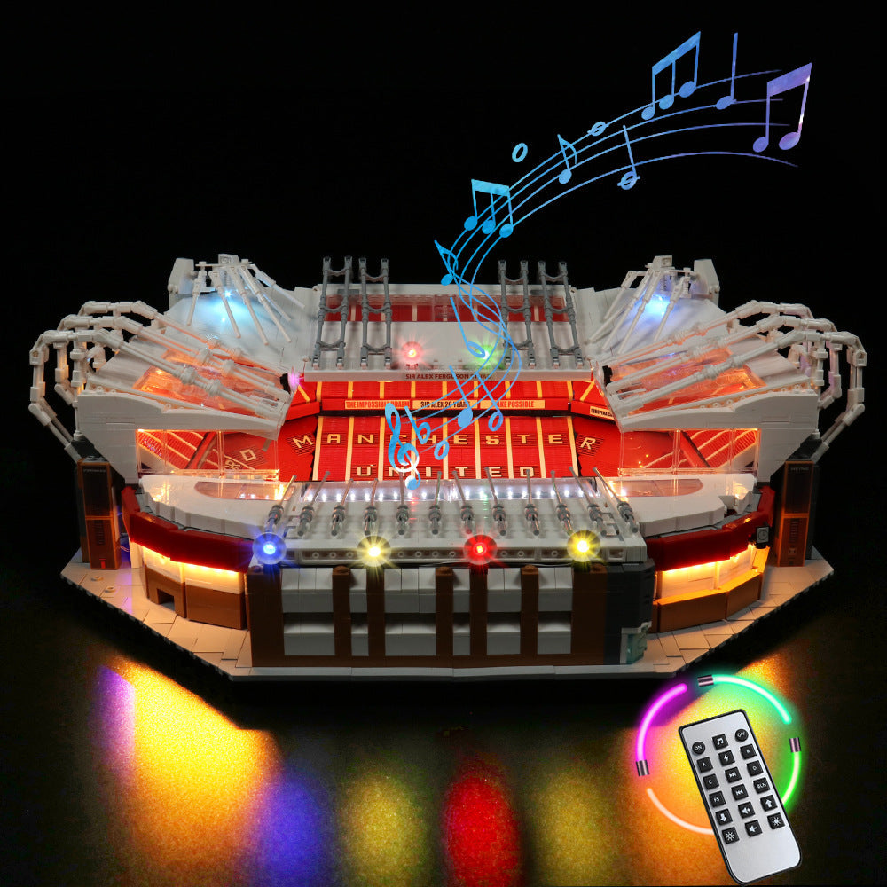 Old Trafford Football Stadium Building Set full assembled model on display
