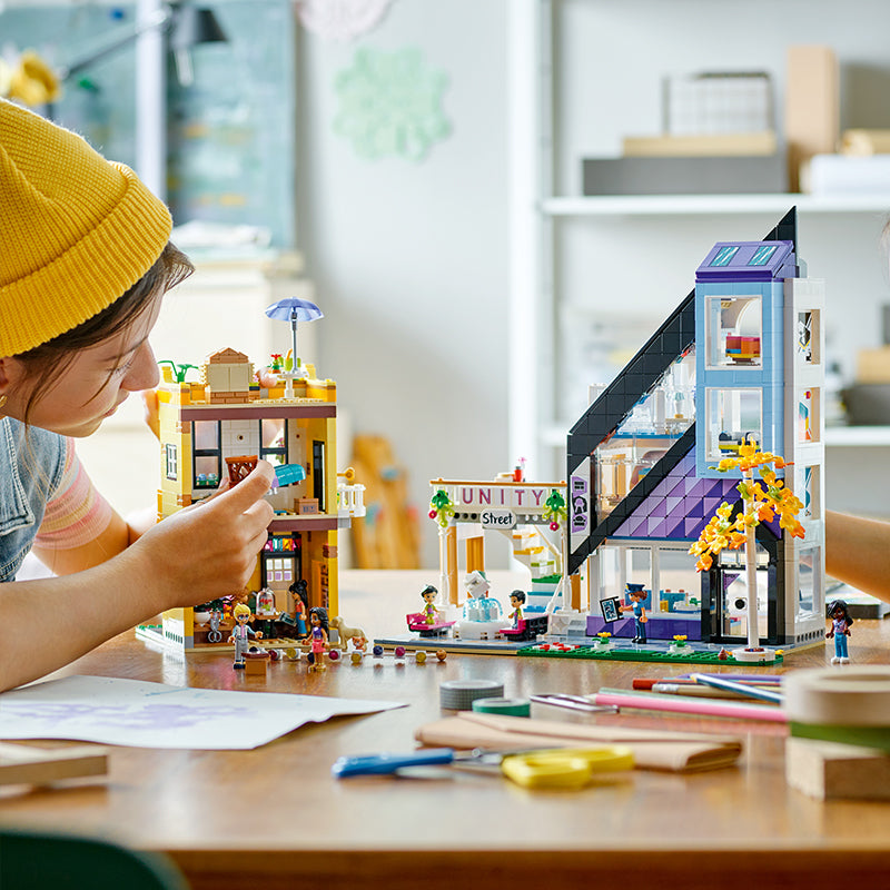 Assembled storefront model from the 2010-piece brick set, gallery view