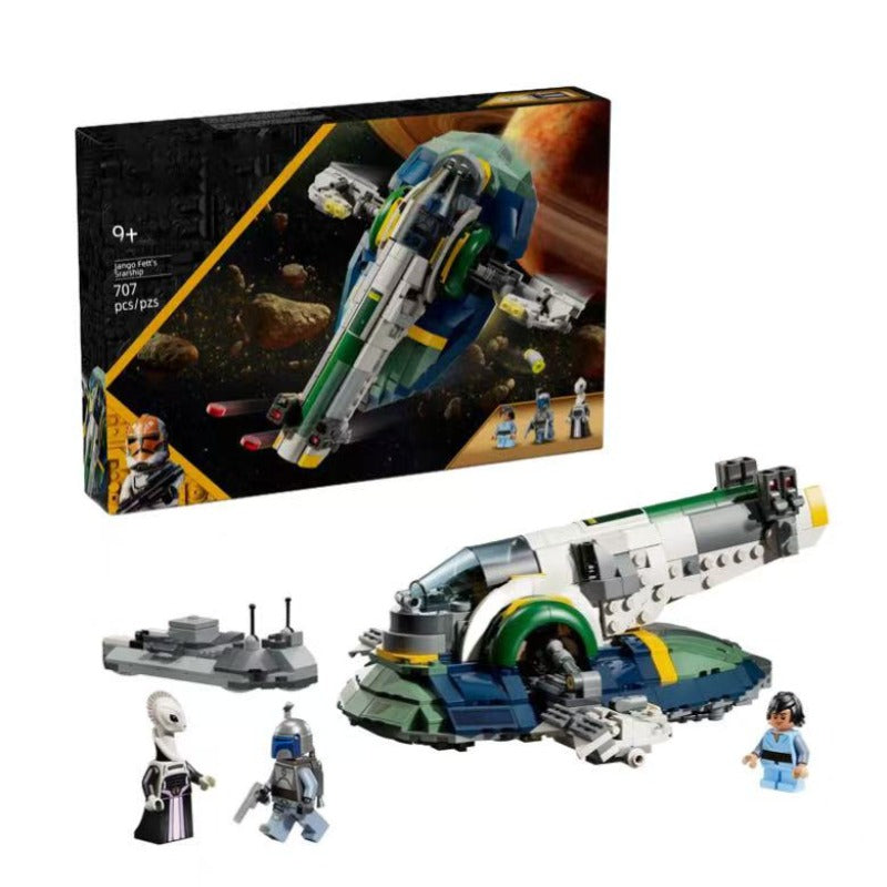 Full side view of the 707-piece bounty hunter starship building set