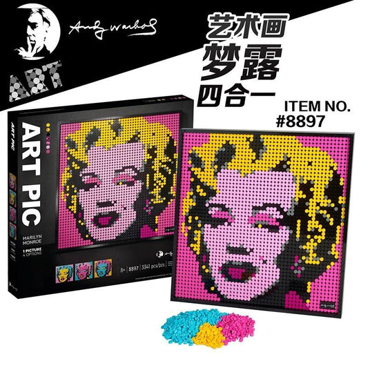 Pop art mosaic portrait of Marilyn Monroe assembled from building blocks