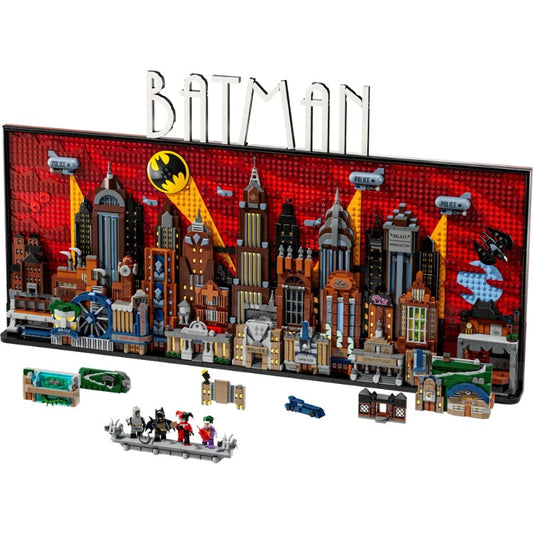 Retro animated-style city skyline building block model