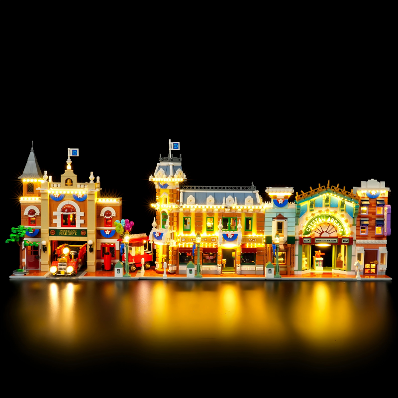 Main street building set with optional LED lighting kit lit up